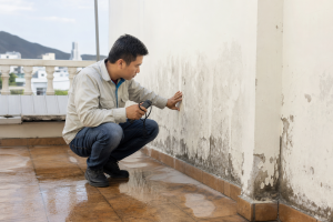 Kỹ thuật viên kiểm tra vết thấm nước trên tường tại Nha Trang để xử lý chống thấm và dò tìm rò rỉ nước ngầm