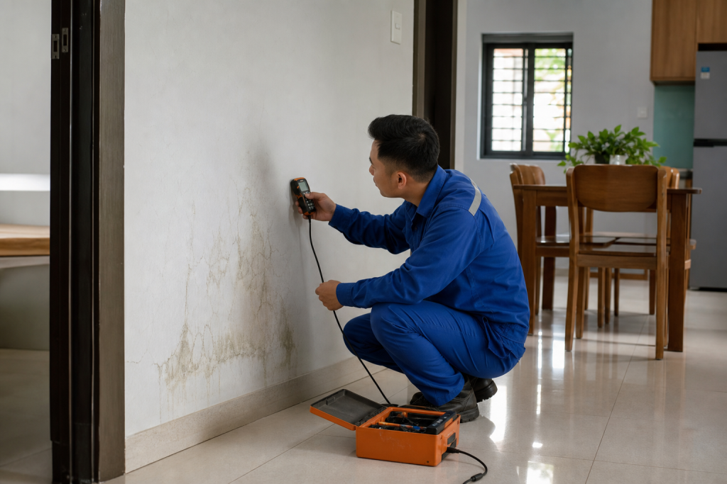 Thợ kiểm tra dò tìm ống nước bị bể trong tường tại Nha Trang với tường có dấu hiệu thấm ẩm