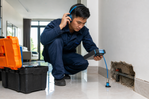 Kỹ thuật viên đang dò tìm ống nước bị bể ngầm trong nhà tại Nha Trang