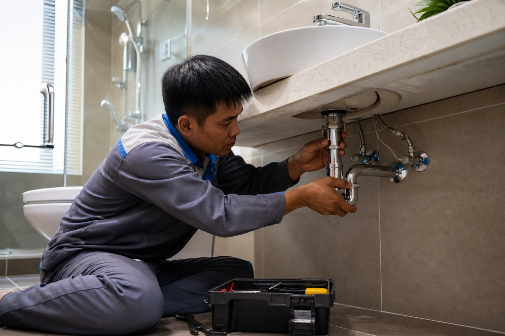 Thợ sửa ống nước đang kiểm tra ống thoát dưới bồn lavabo tại Nha Trang