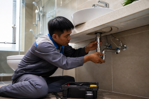 Thợ sửa ống nước đang kiểm tra ống thoát dưới bồn lavabo tại Nha Trang